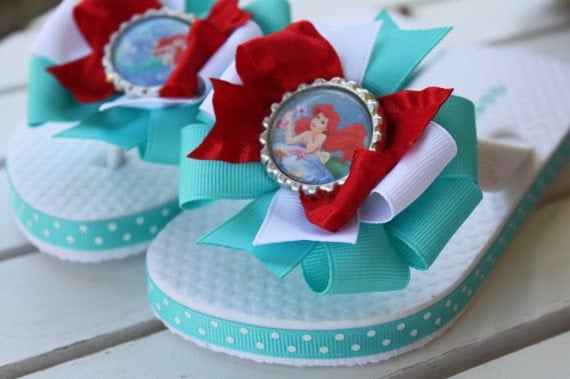 Made to match Ariel Flip Flops--The Little Mermaid-- Aqua, White and Red bow flip flops