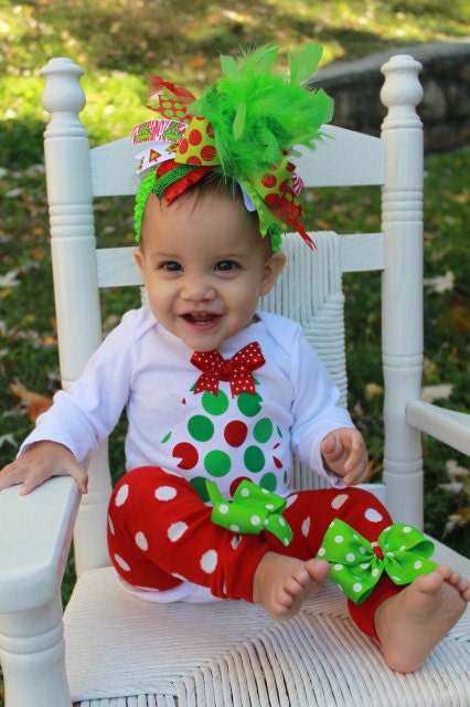 Baby Girl Christmas outfit SET -- Grinch inspired -- bow, leg warmers and onesie -- Over The Top and fabulous