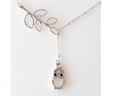 small owl necklace, silver lariat necklace, bridesmaid gift jewelry, branch necklace, leaf necklace lariat, owl jewelry