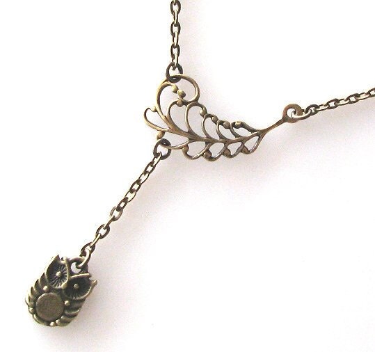 tiny owl necklace, owl lariat necklace, owl jewelry angel wing pendant nature jewelry feather y necklace