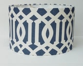 Custom Drum Lampshade in Schumacher Imperial Trellis fabric in Navy