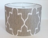 Small Drum Lamp shade in Ikat geometric grey and white linen fabric