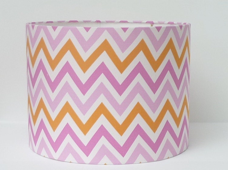 Small Drum Lamp Shade in a Pink and Orange Chevron / Zigzag Fabric.