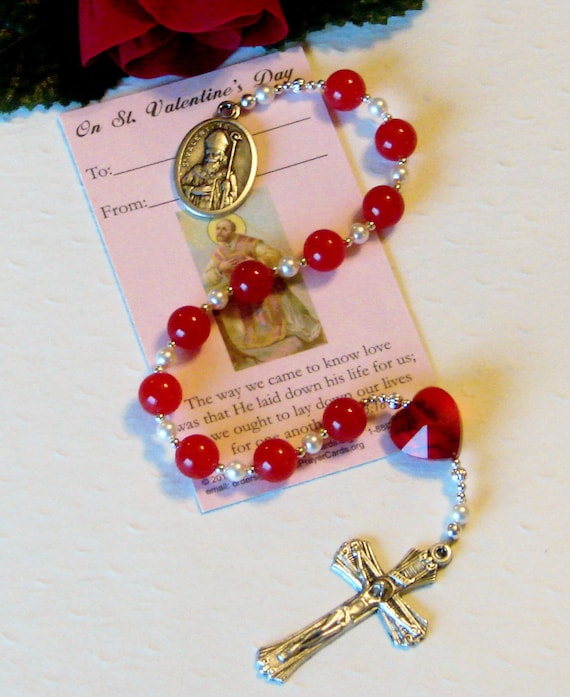 St. Valentine Rosary with Valentines Day Prayer Card