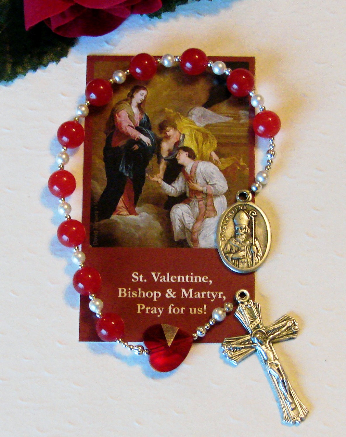 St. Valentine Rosary with Valentines Day Prayer Card