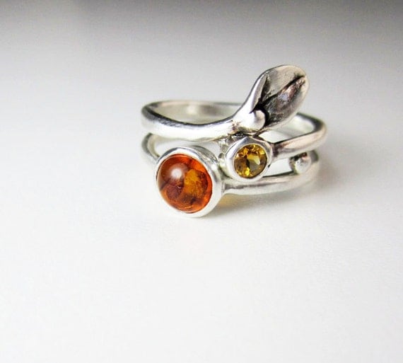 Amber & Citrine Set Rings, Silver Small Leaf Ring