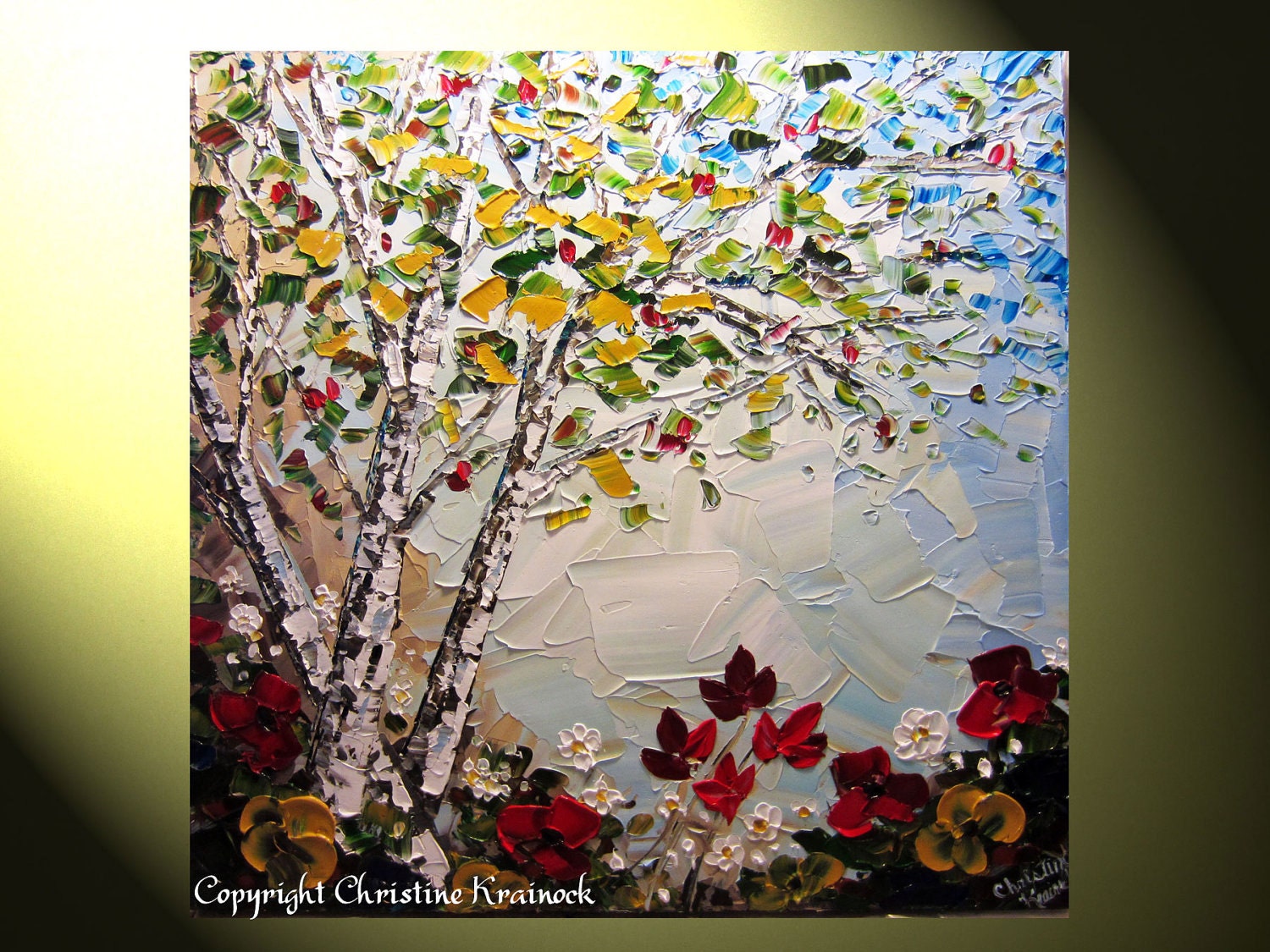 Original Abstract Landscape Painting Tree Textured Birch Floral, White Red Gold Flowers, Poppies Autumn Aspen Palette Knife 30x30" Christine