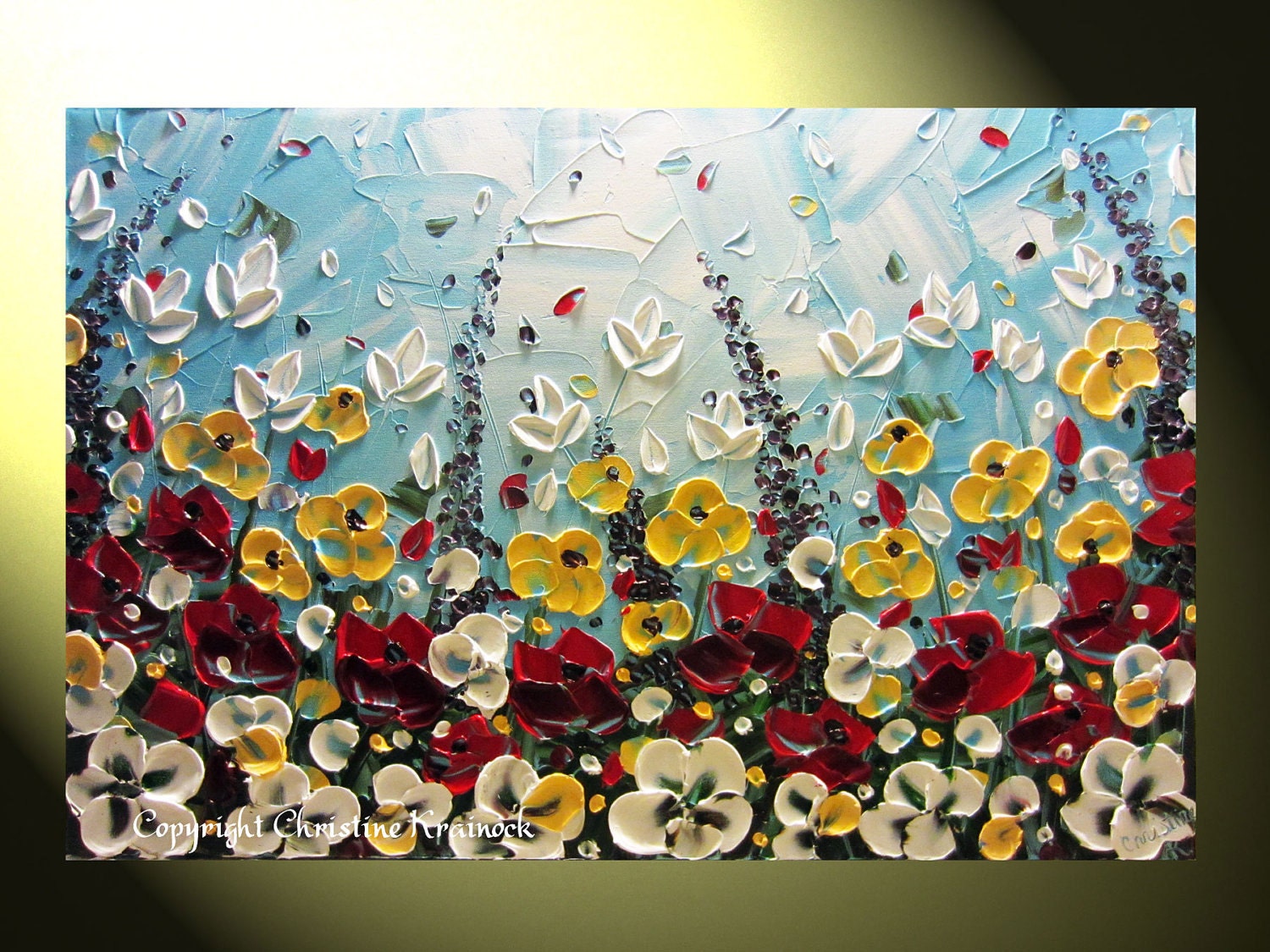 Original Abstract Textured Painting Modern Red Poppies Landscape Flowers Floral Wildflowers Autumn Blue Palette Knife 24x36" -Christine