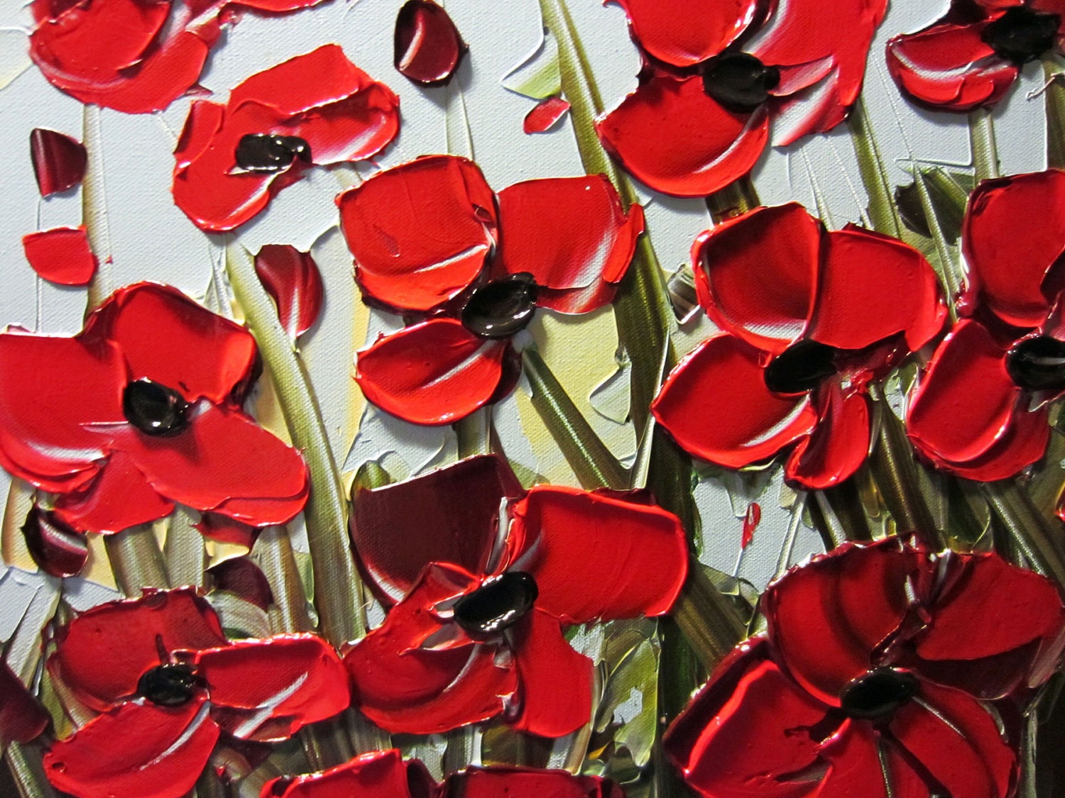 Original Abstract Textured Painting, Red Poppy, Palette Knife, Poppies Blossoms Floral, Modern Red Flower, Blue Gold 24x48" -Christine