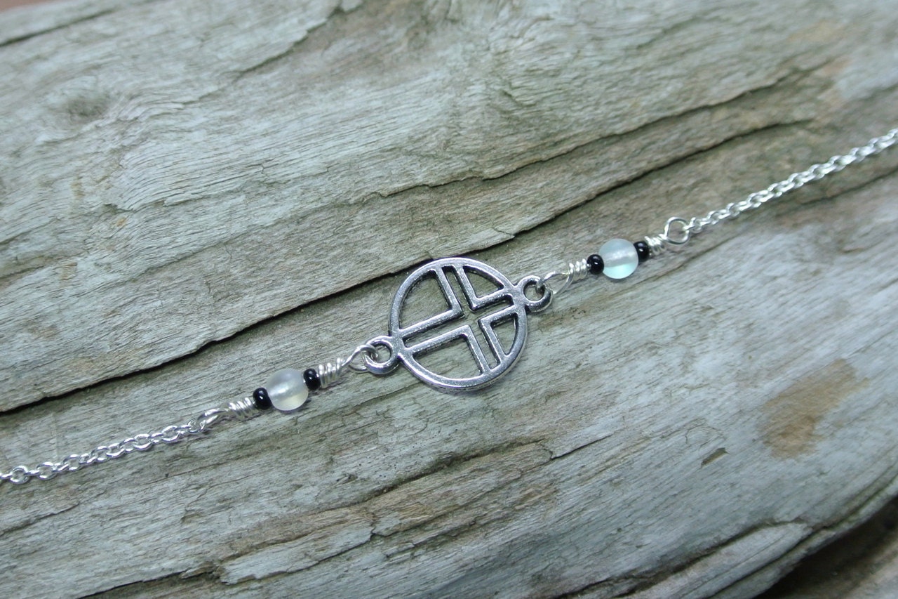 Simple, Elegant Sideways Cross Bracelet - Silver with Iridescent Glass Beads