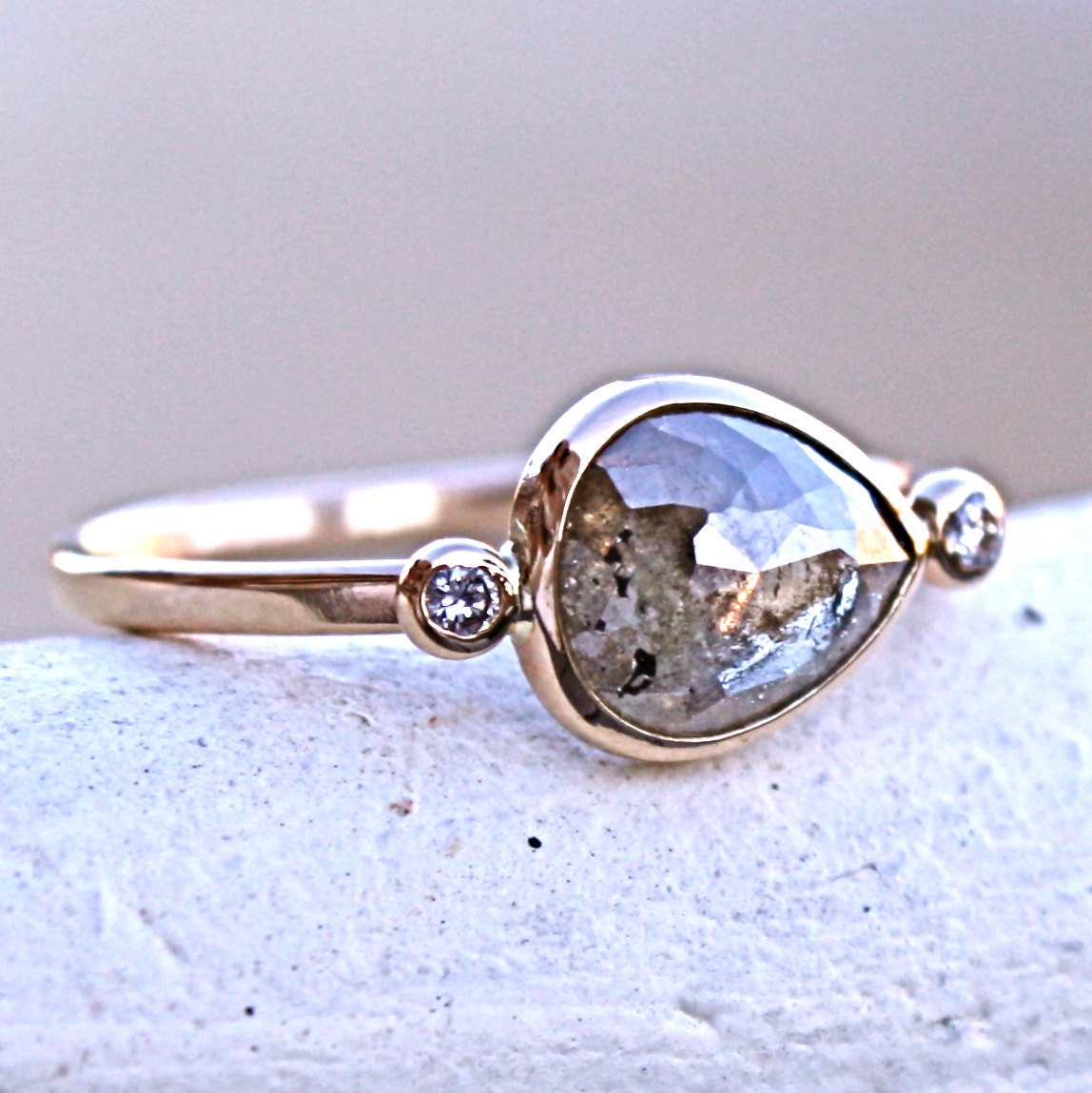 Diamond Engagement Ring - Rose Cut Diamond Slice - 14K Yellow Gold