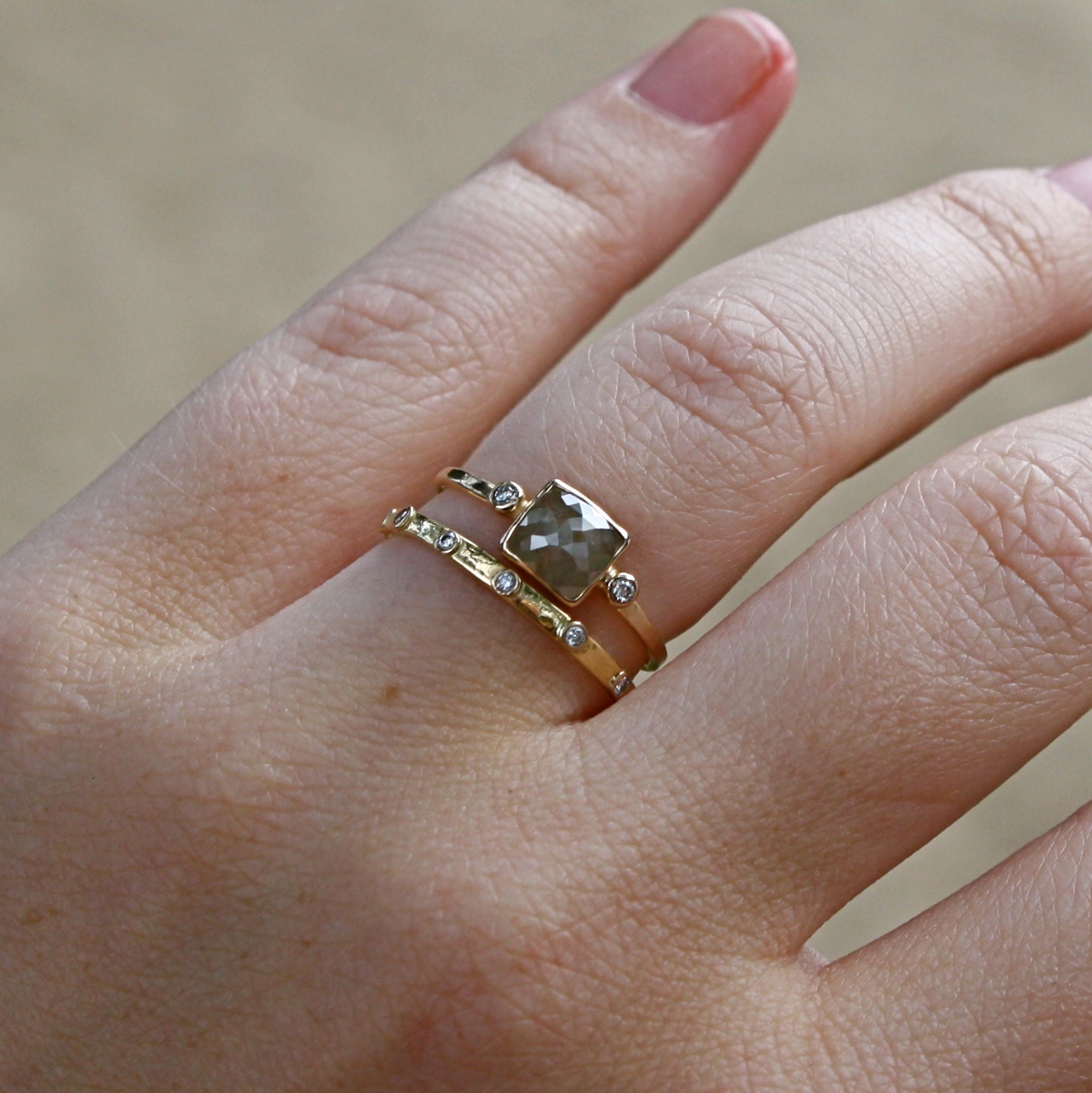Diamond Ring- Rose Cut Diamond Slice in 14K Gold- Engagement Ring
