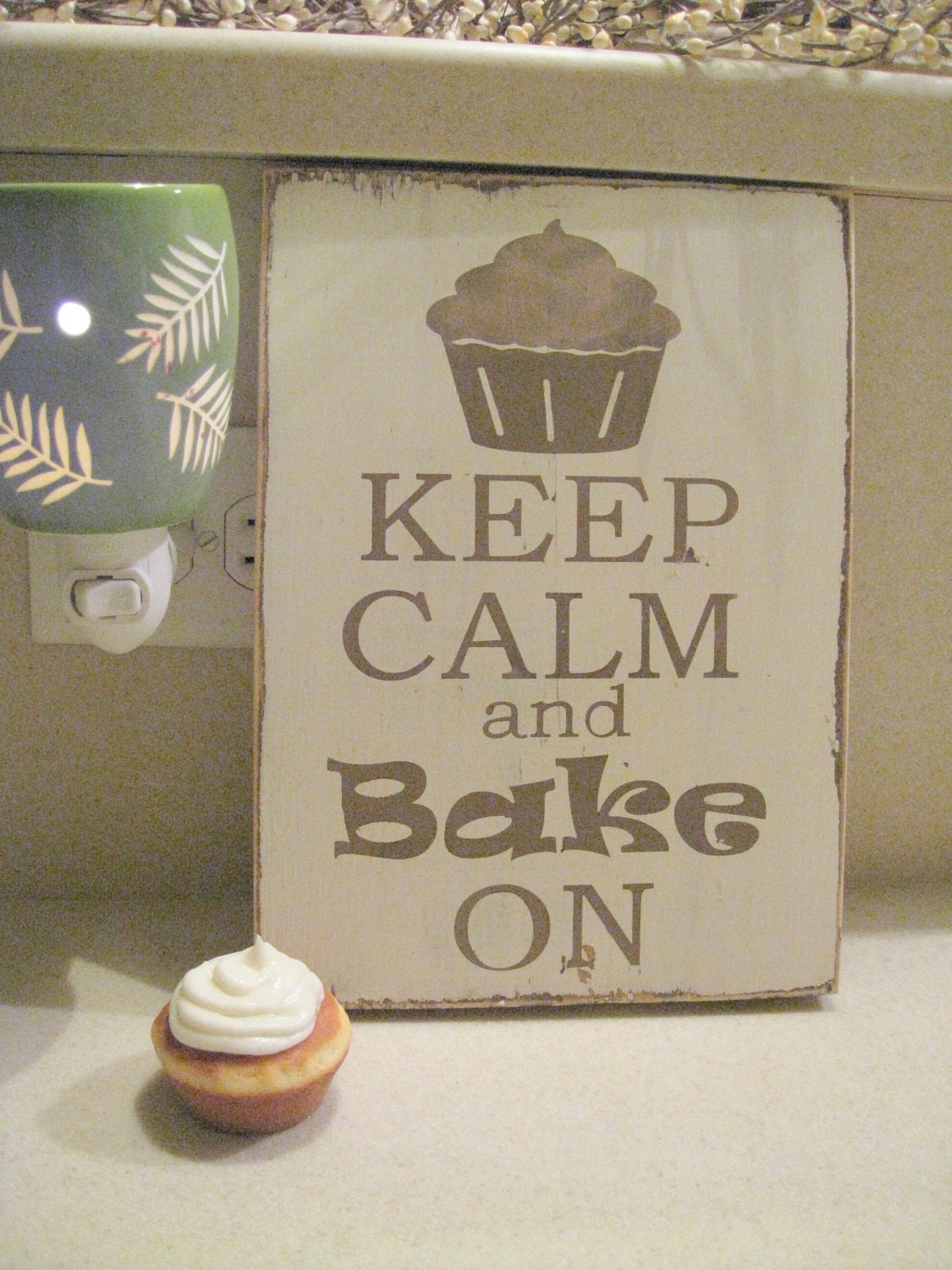 Keep Calm and Bake On hand painted wood Brown and white sign