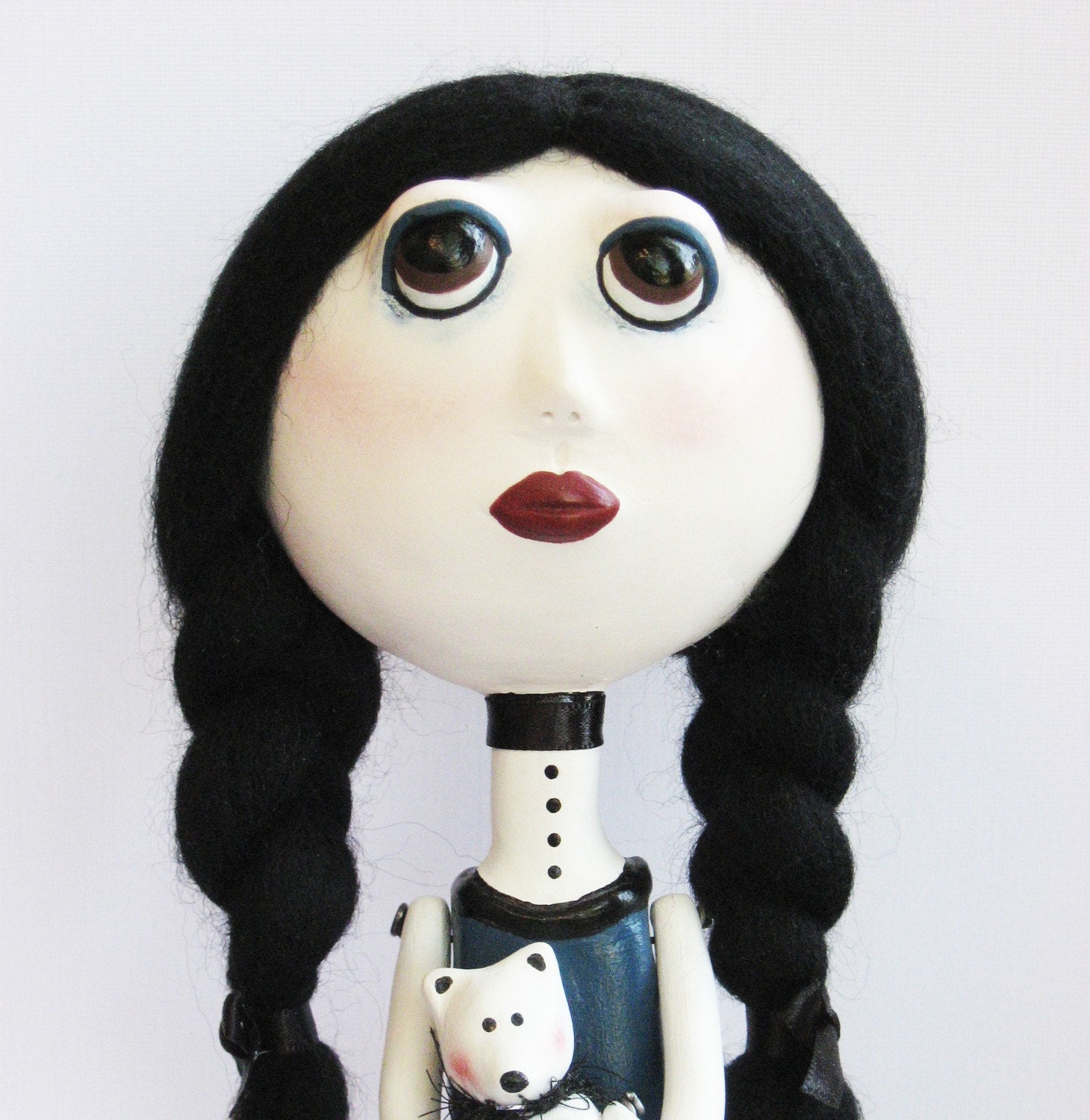 Goth Art Doll - Stripes, Blue Dress, OOAK, White Teddy Bear, Clay sculpted