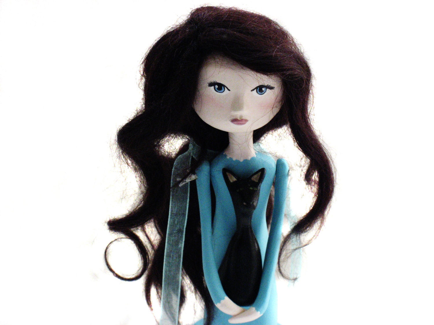 Custom Art Doll - Girl and Cat - Aqua Color