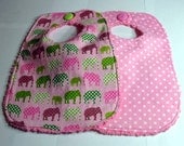 Baby Bibs Pink Polka dots and Pink Elephants Set of Two Bibs