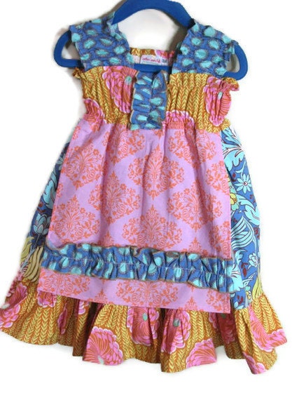 Girls Dress Shirred Sundress with Apron Patchwork  Ruffles in Blue, Pink, Yellow