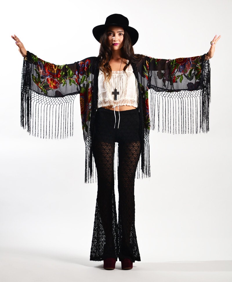 Black Floral Velvet Burnout Gypsy Fringe Beaded Kimono Jacket