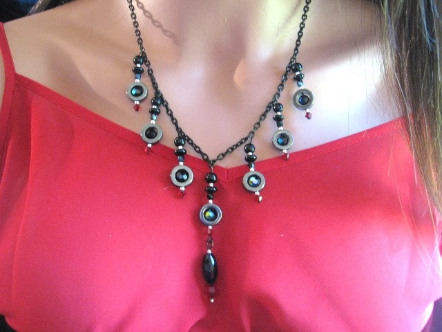 Black and Red Jewelry,  Handmade Glass and Crystal Necklace and Earrings, Lots of Shapes and Textures, Free Ship US, CA
