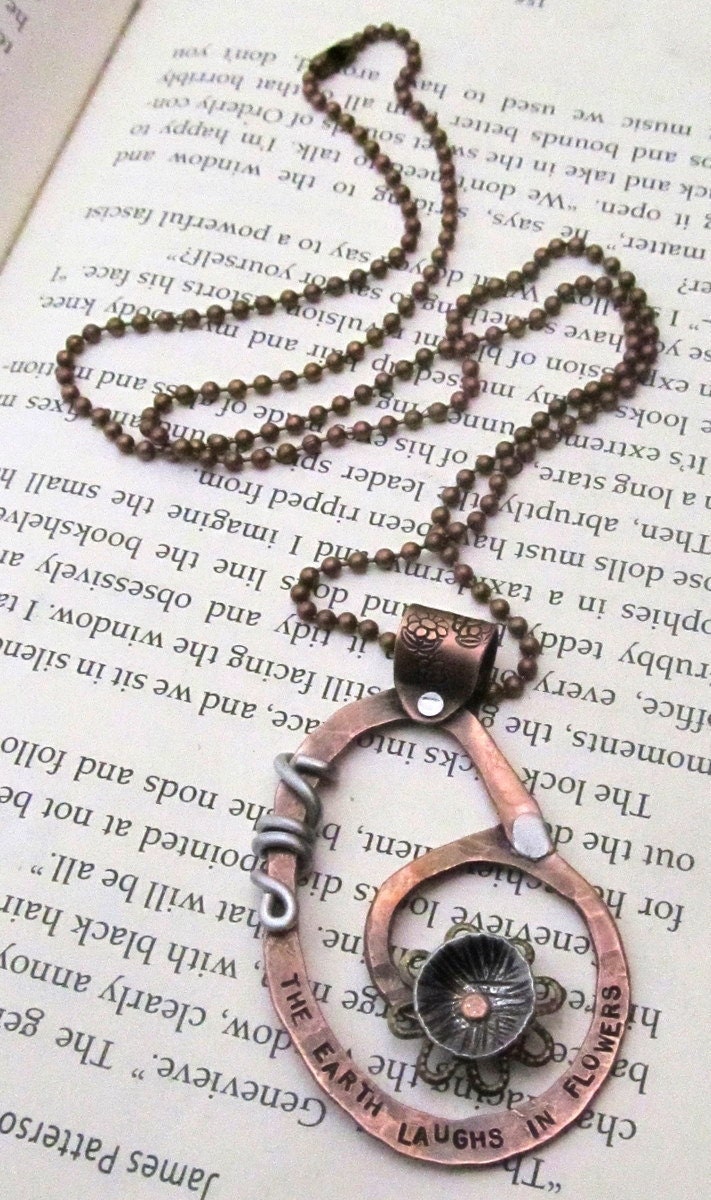 Mixed Metal Necklace - Hand Stamped Jewelry - Inspirational Quote with Cold Connections Riveted - The Earth Laughs In Flowers (104)