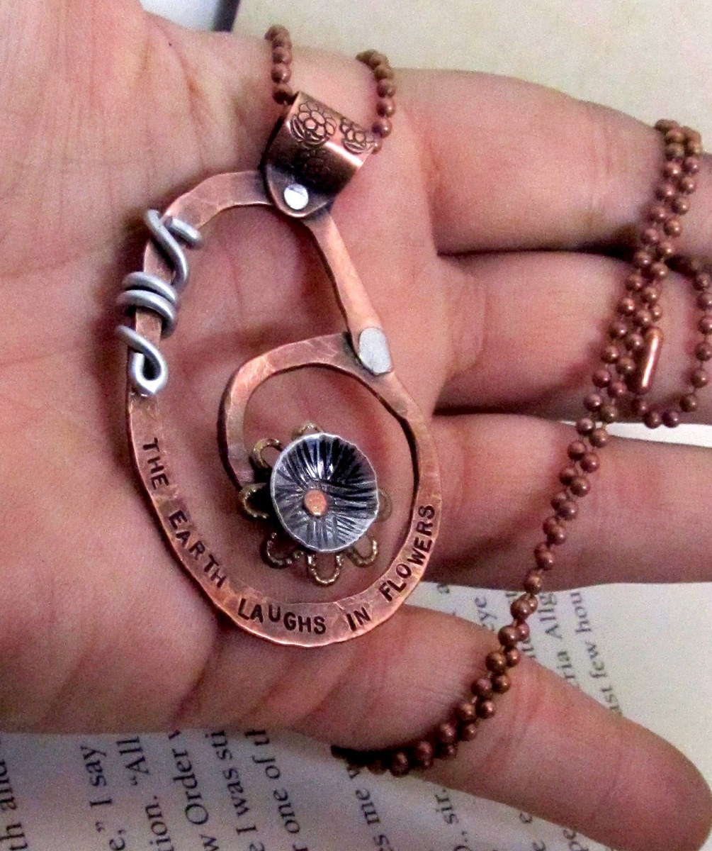 Mixed Metal Necklace - Hand Stamped Jewelry - Inspirational Quote with Cold Connections Riveted - The Earth Laughs In Flowers (104)