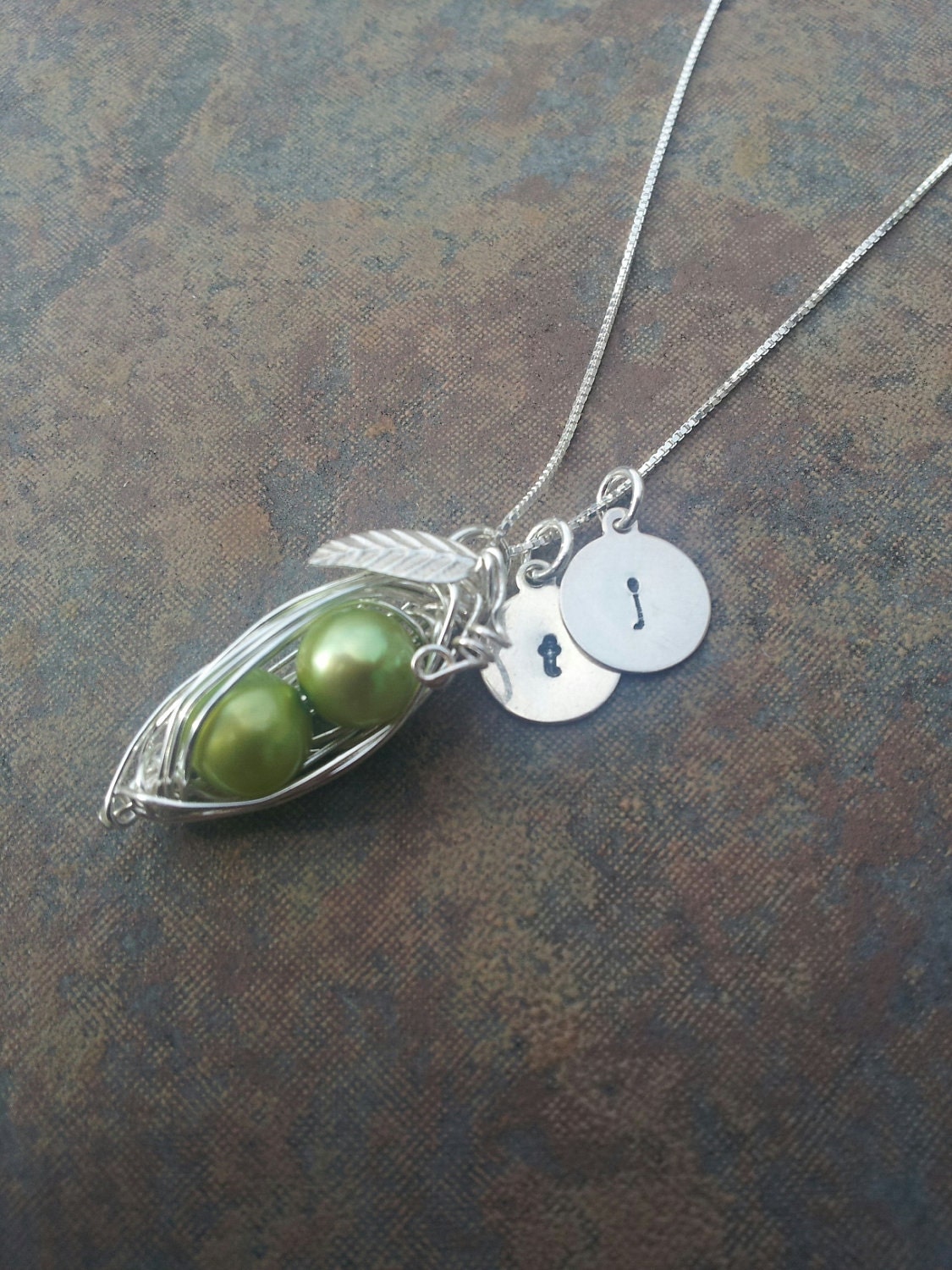 Mother's Pea Pod Silver Pendant with Initial Charms