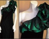 Vintage 80s Victor Costa Green Velvet and Taffeta One-shoulder Long Column Dress - Make Them Green With Envy