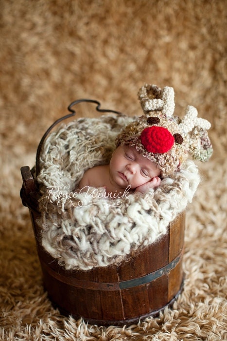 Baby Crochet Hat Santa's Reindeer With  A BOW Baby Photography Prop Sizes Preemie, Newborn, 0-3 months, 3-6 months