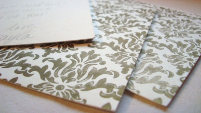 Distressed Gold Damask Print Letterpress notecards Set of 6