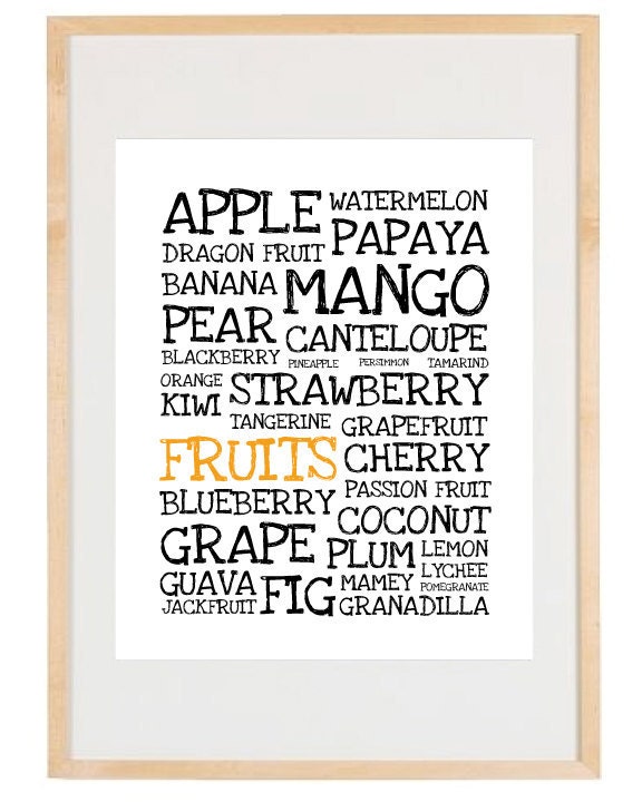 Typography Art - Fruits - 8x10 Print - Digital Illustration Poster - Kitchen Art