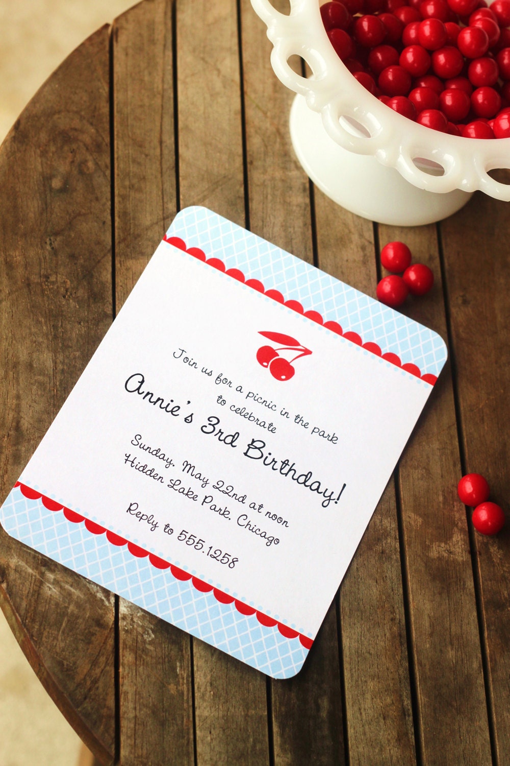 DIY Printable Personalized Invitations, recipe cards, food tags CHERRY PICNIC Red and Soft Blue Cherries
Il_570xn