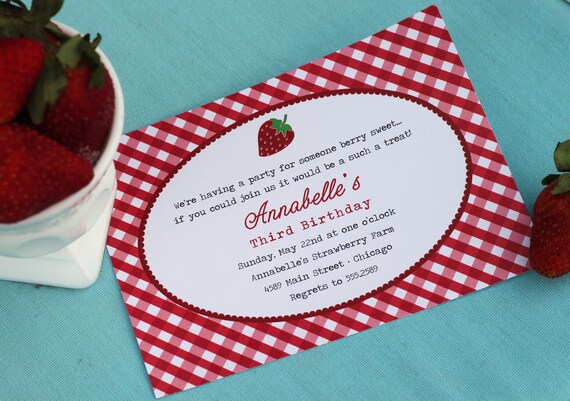 DIY Printable Gingham Strawberry Party Invitations Il_570xn