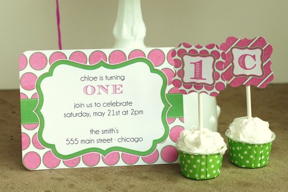 Prep Girl DIY Printable Pink Green Invitations and cupcake Toppers Il_570xn