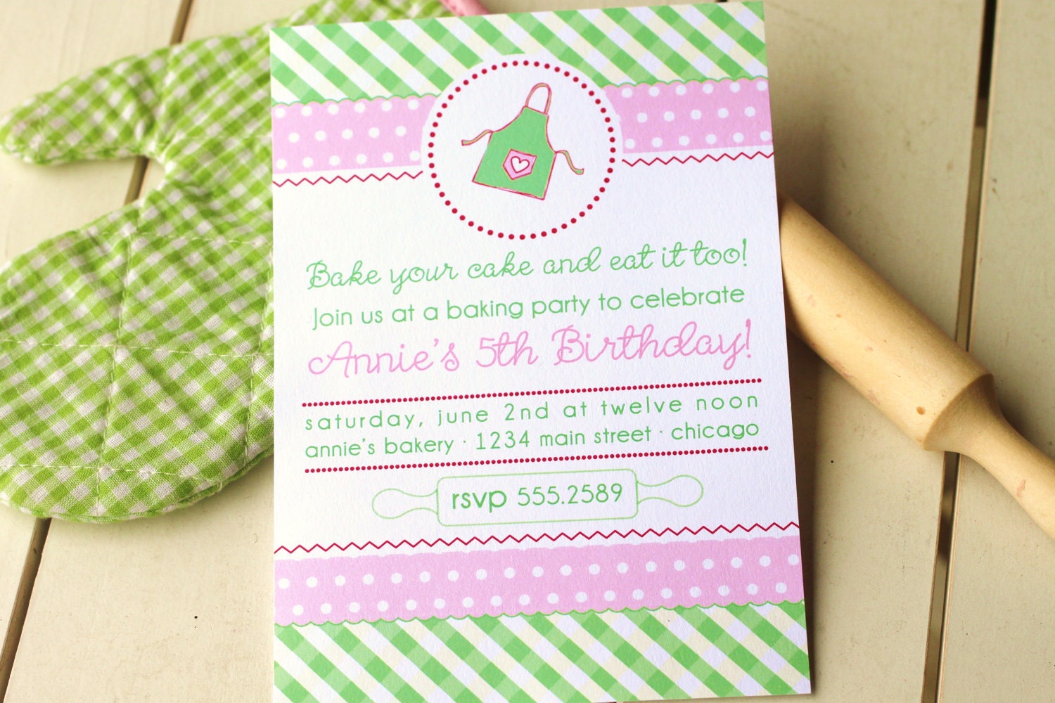DIY Printable Little Baker Personalized Invitations Pink and Green Bakery Chef theme