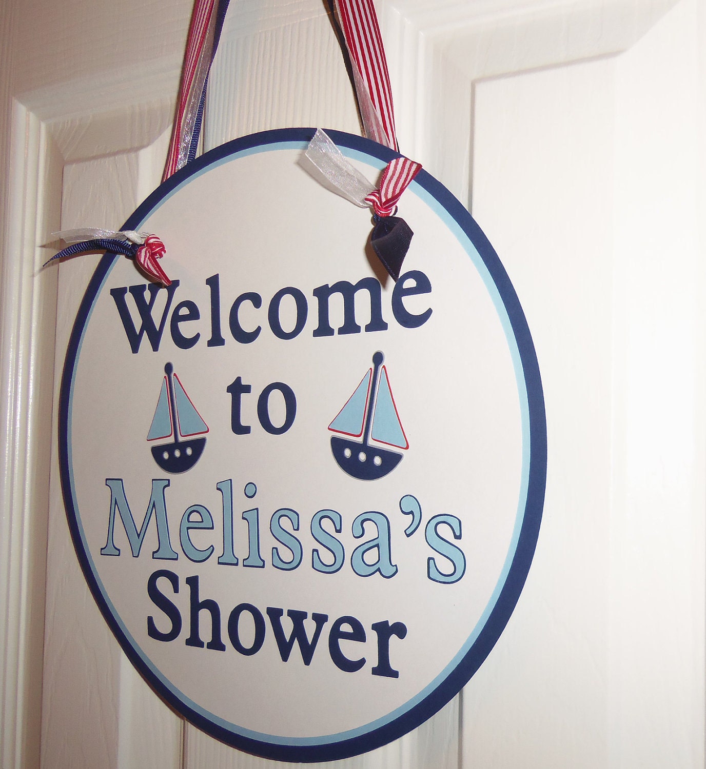 NAUTICAL Birthday or Baby Shower Door Hanging Sign in Blue White and Red - Customize Your Way