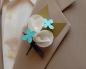 Paper Flower Boutonniere - White with accents of navy and teal paper flower boutonniere