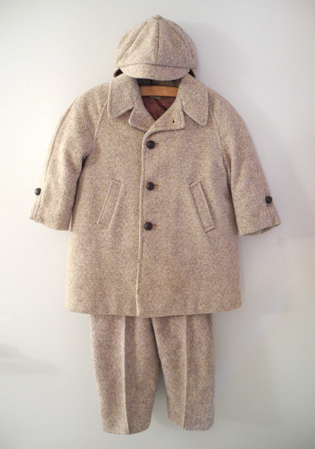 1940's Tan Wool Tweed Coat, Pants and Cap Set