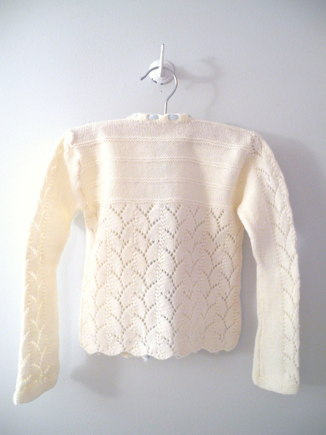 1950's Hand Knit Baby Blue and Cream Sweater and Bonnet Set