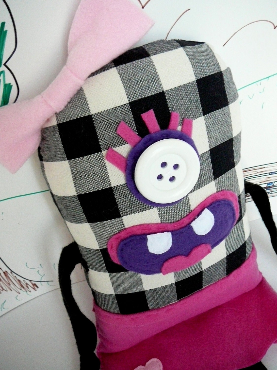 Cute Monster Girl or Monster Toy or Plush Monster Pillow made from upcycled materials Eco Friendly