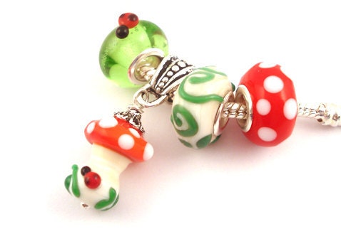 Mushroom glass lampwork beads set fits european  bracelets