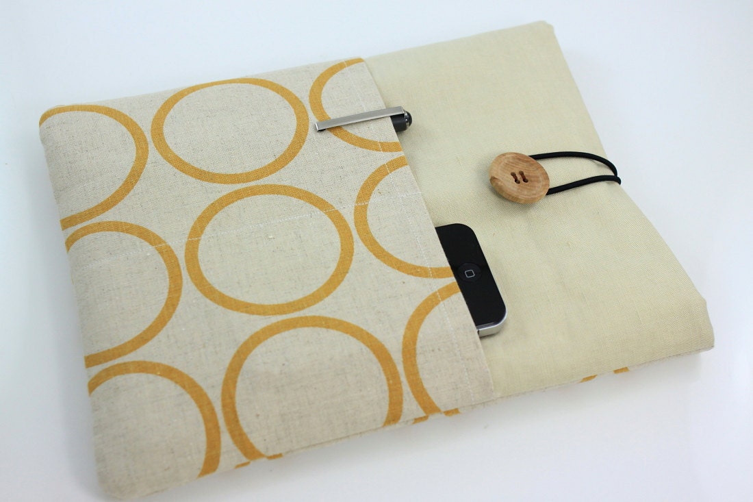 iPad Case, iPad Sleeve, iPad Cover, PADDED, with pockets for iPhone - Yellow Circles