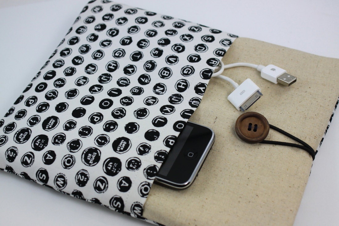 iPad Case, iPad Sleeve, iPad Cover, PADDED, with pockets for iPhone - Keyboard (Black & White)