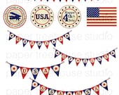 Vintage Inspired 4th Of July Banners, Buttons and Flag - 8 high quality clip art files