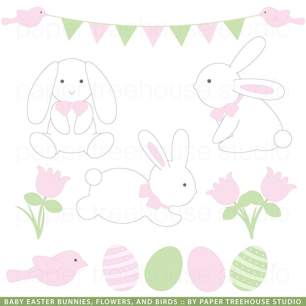 Baby Easter Bunnies Clip Art Set - Bunnies, Birds, Flowers, Eggs and Banner - 11 print ready files - jpg and png format - ID 125