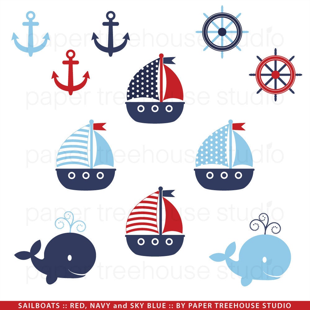 Sailboats, Anchors and Whales - Printable Clip Art Set - Red Navy and Sky Blue - Eleven Files - ID130