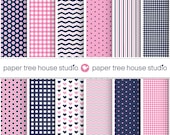 Digital Papers - Pink & Navy Gingham, Polka Dot, Stripes, Hearts, Zig Zag - Twelve 8.5 x 11 inch Print Ready Files