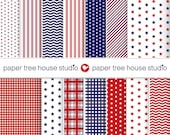 Digital Papers - Red White and Blue - Stars, Stripes, Gingham and Plaid - Fourteen 8.5 x 11 inch Print Ready Files