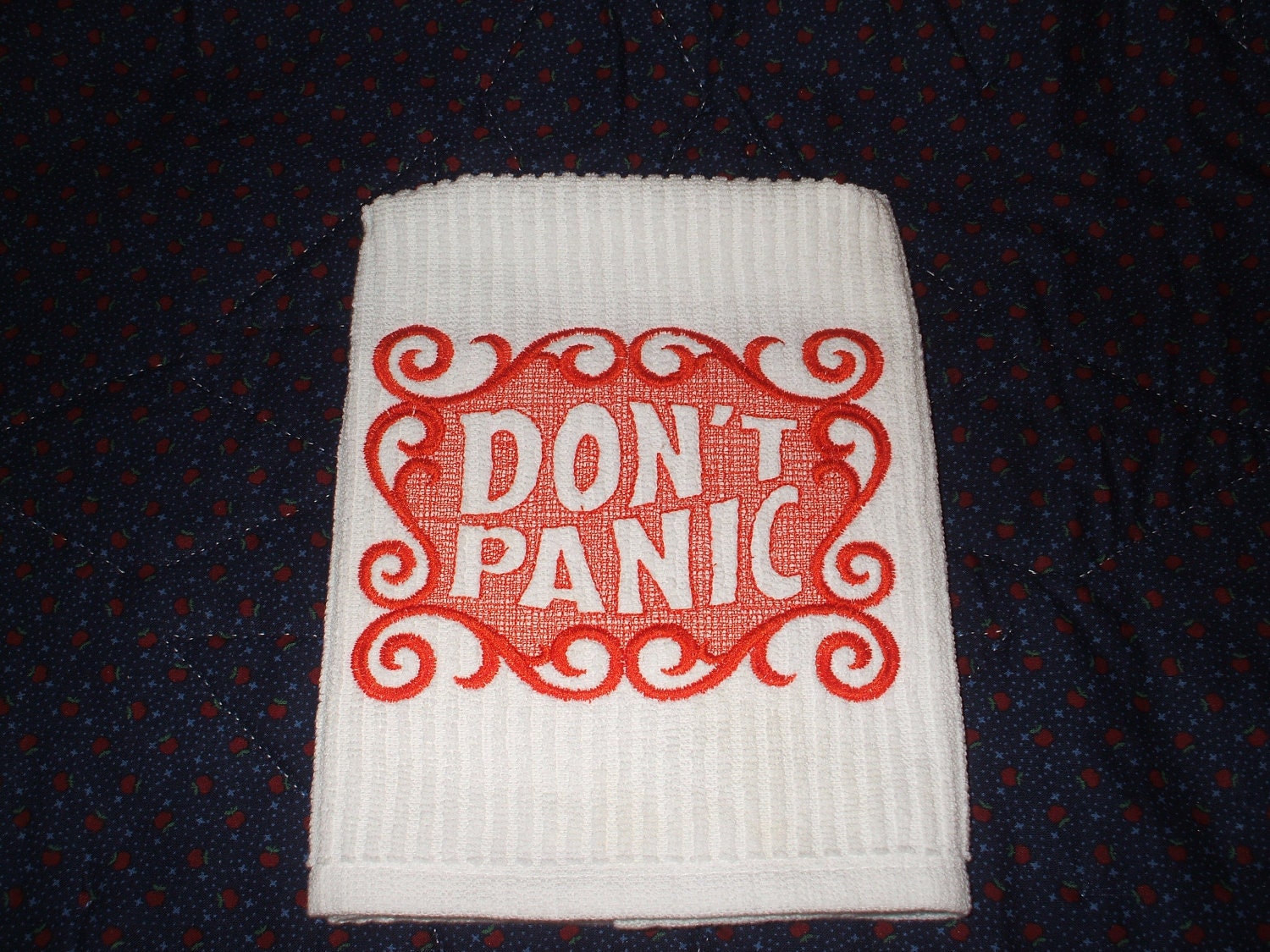 Embroidered Towel: Don't Panic