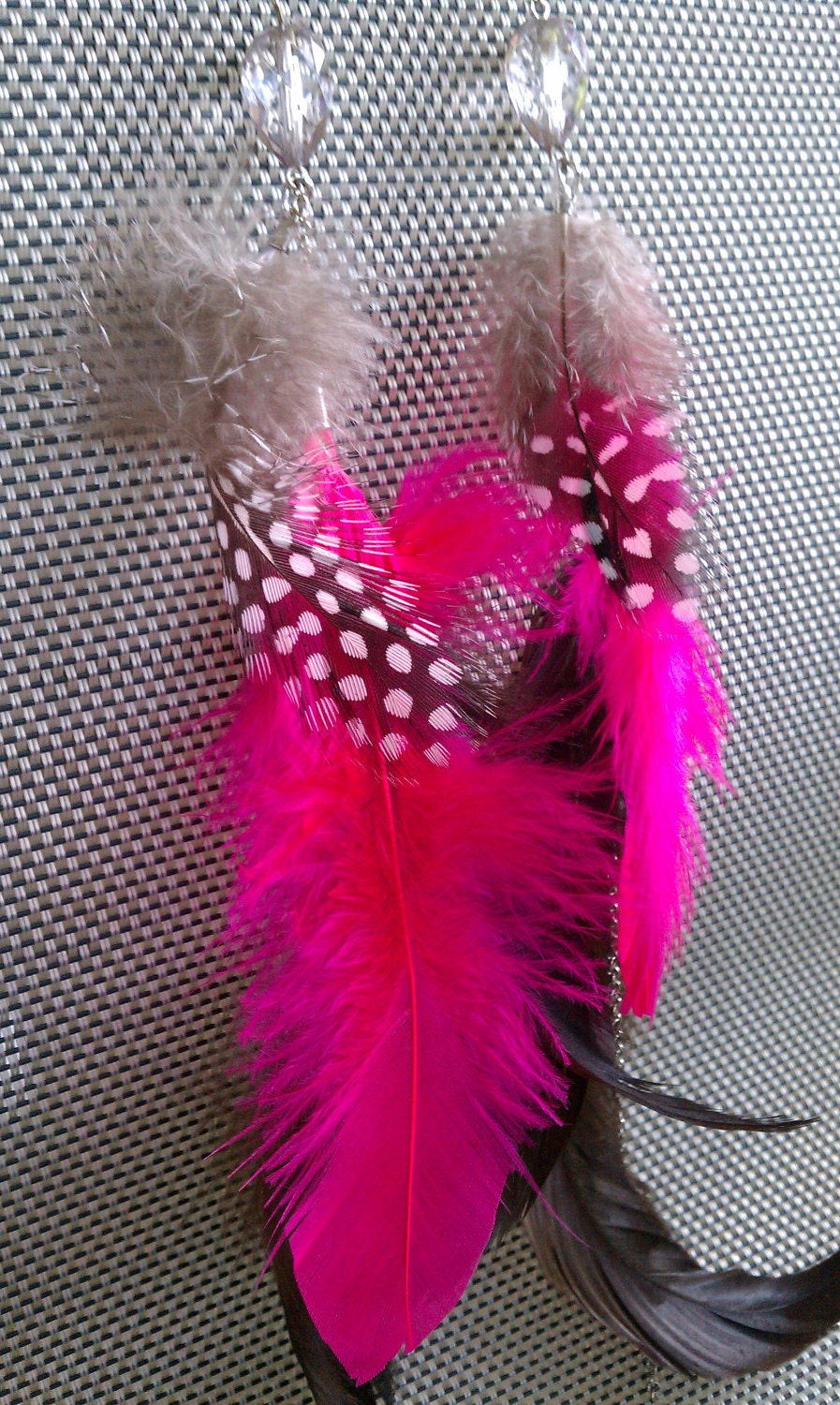 Neon Pink Earrings, Tribal Earrings, Feather Earrings, Statement Earrings, Silver, Chain, Crystals- Barbie Collection