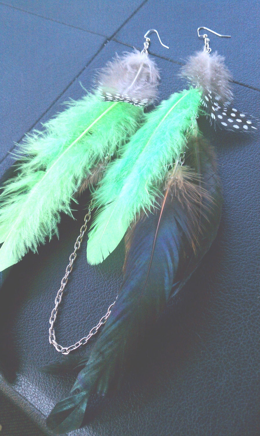 Feather Earrings, Earlaces, Necklace Earrings, Feathers, Neon Green, Silver Earrings- Urbane Collection
